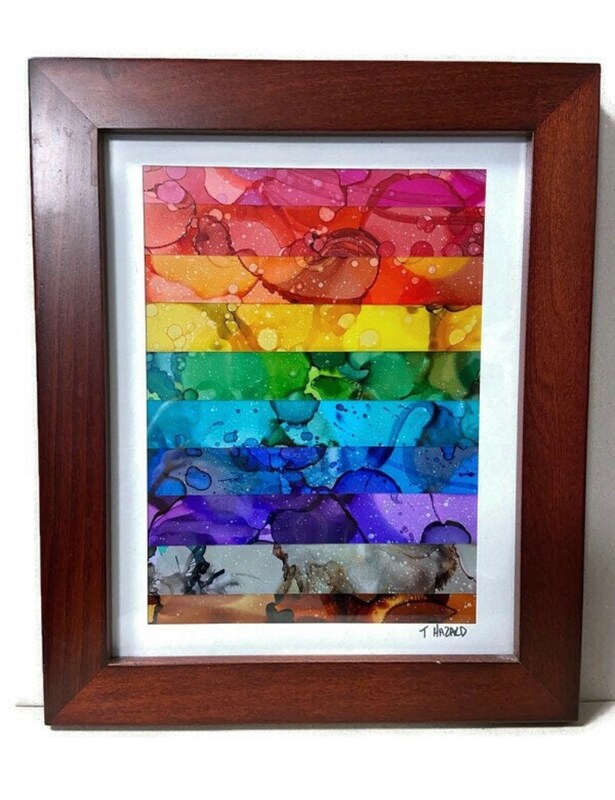 Alcohol Ink Strips Rainbow Colors Framed Wall Art On Yupo Paper